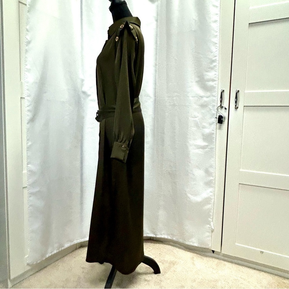 Zara Army green satin effect Grommet Eyelet Split Hem Belted Shirt Dress M NWT - Picture 5 of 14
